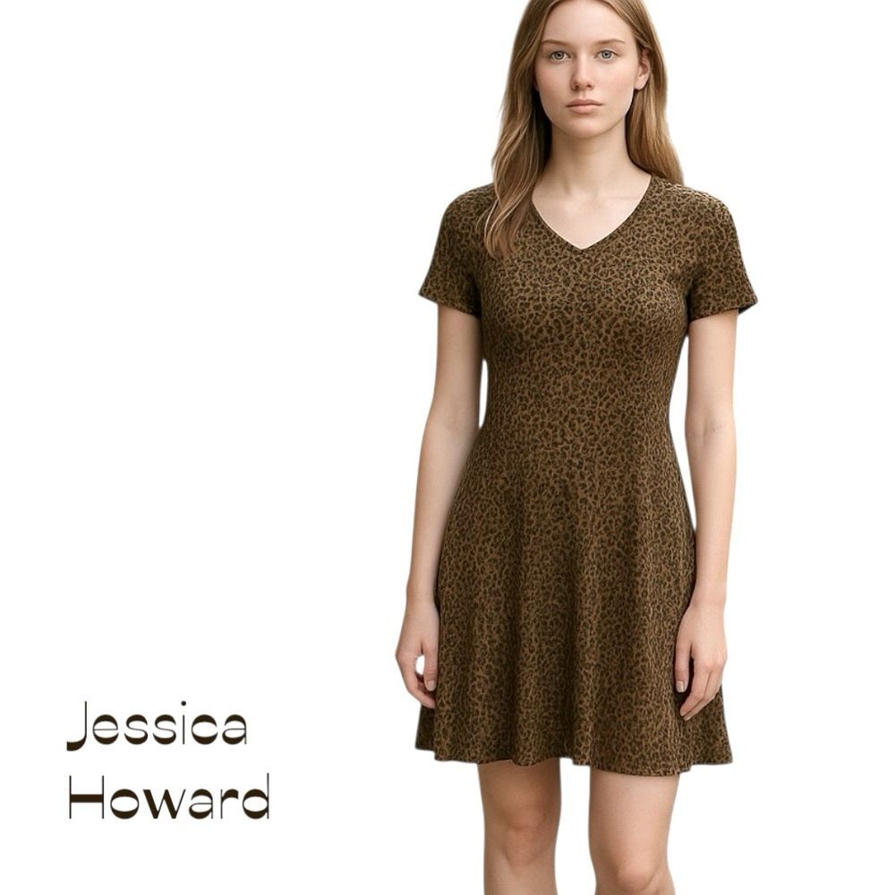 Jessica Howard Brown Black Animal Print Dress Y2K Size 8 Coastal Grandma